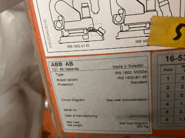 Naambord  van ABB IRB 1600 M2004  machine