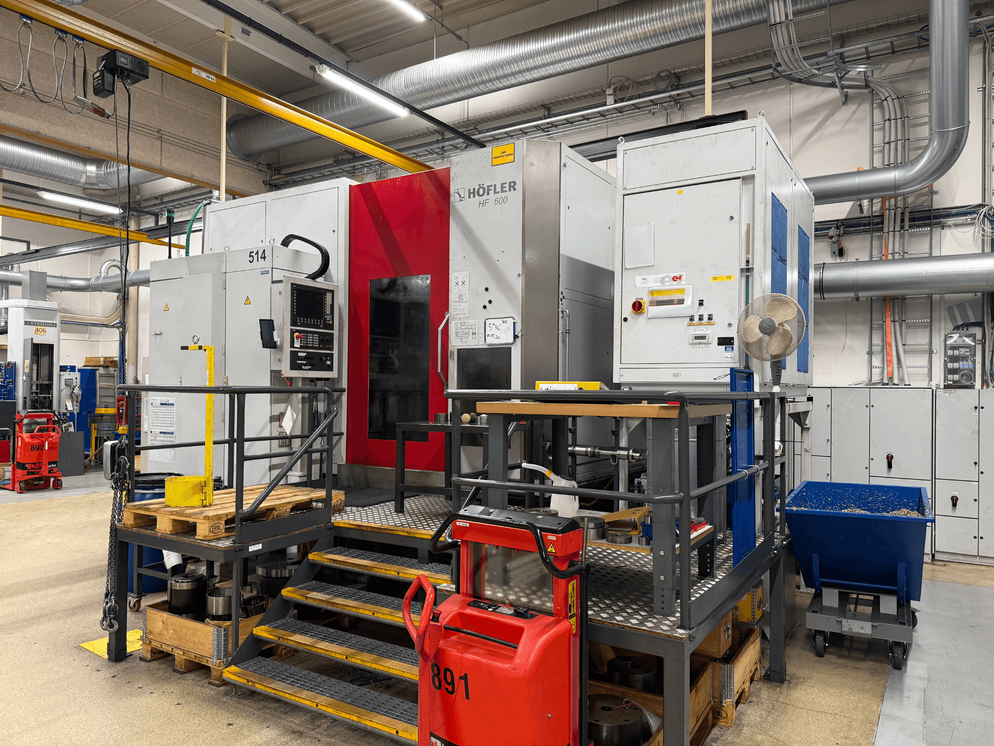 HOFLER HF 600 werktuigmachine, zijaanzicht, met het bedieningspaneel, de gele veiligheidsbarrière en de omringende werkplaatsomgeving.