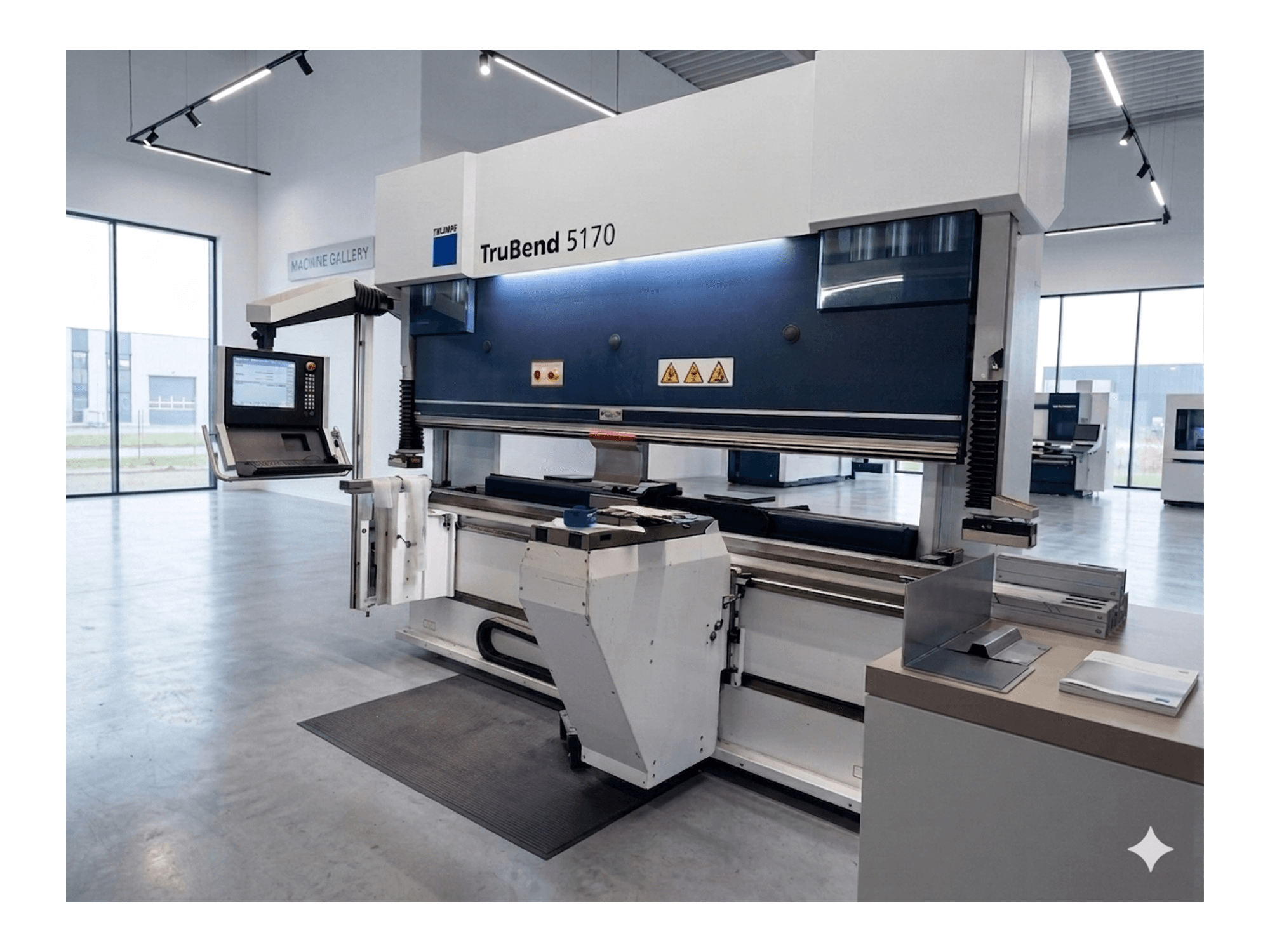 TruBend 5170 afkantpers van TRUMPF, vooraanzicht met bedieningspaneel en buigtafel, met een modern machineontwerp.