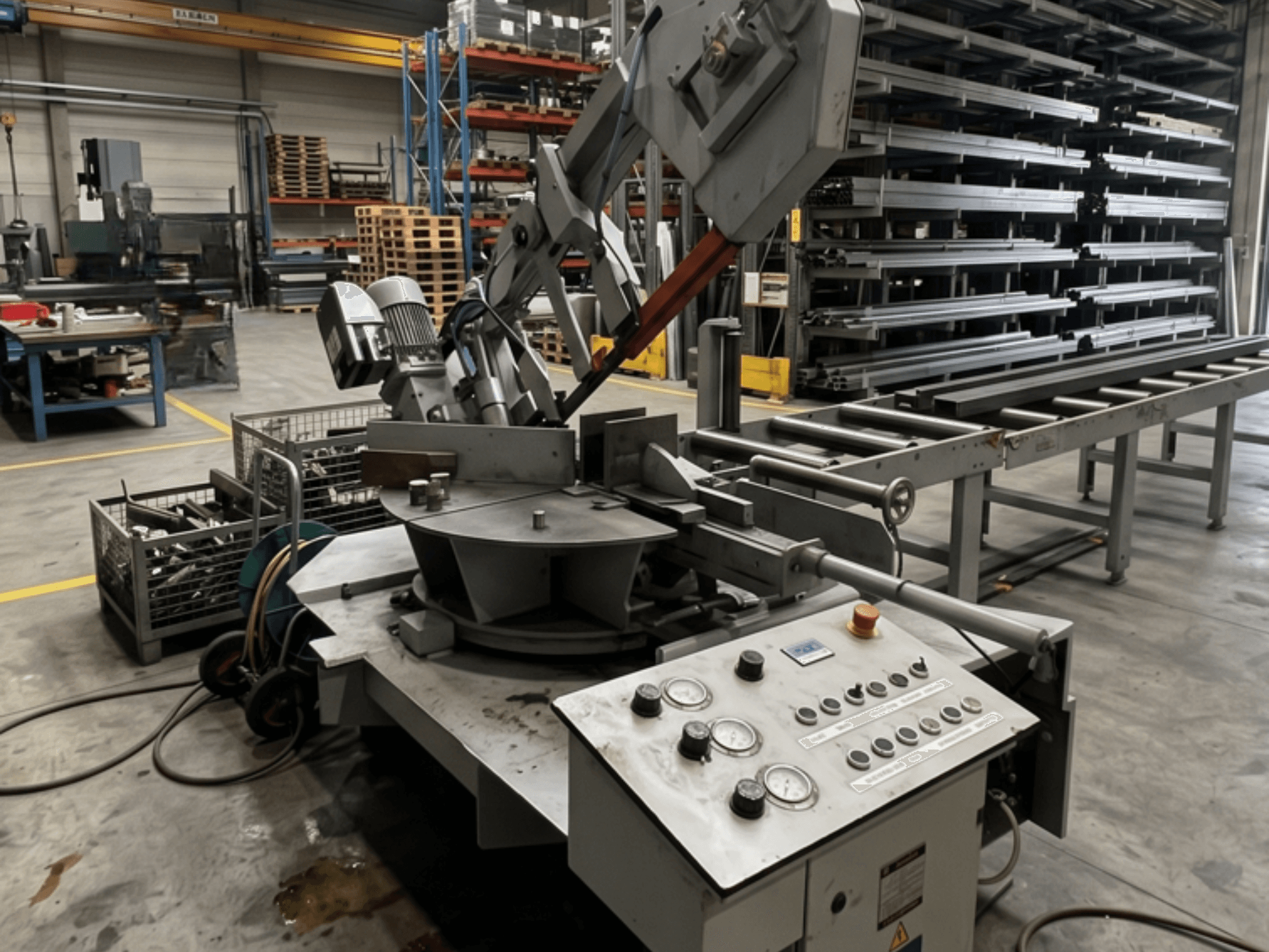 Metalen lintzaag MEBA MEBASwing 320 DG in een werkplaats, gezien vanaf de zijkant, met zichtbaar bedieningspaneel en zaagblad.