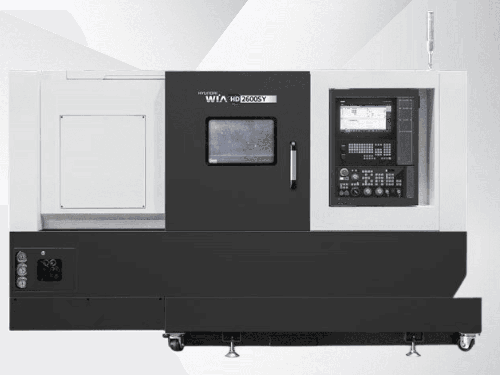 Hyundai WIA HD 2600SY CNC-draaibank, vooraanzicht; inclusief digitaal bedieningspaneel en gereedschapopslag, met technische kenmerken.