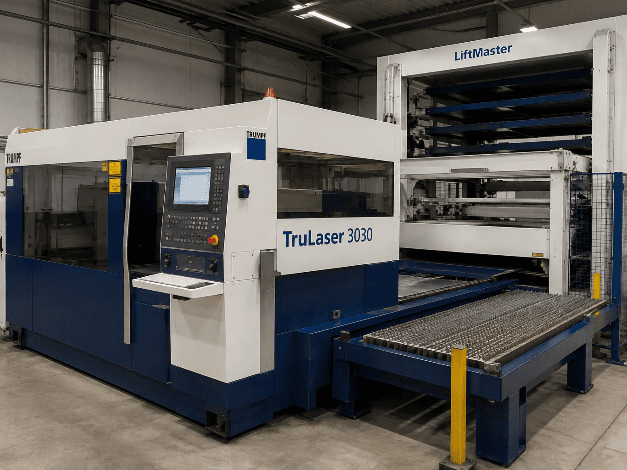 Vooraanzicht van de TRUMPF TruLaser 3030 CO₂-lasersnijmachine met LiftMaster, voorzien van een bedieningspaneel en een plaattafel.