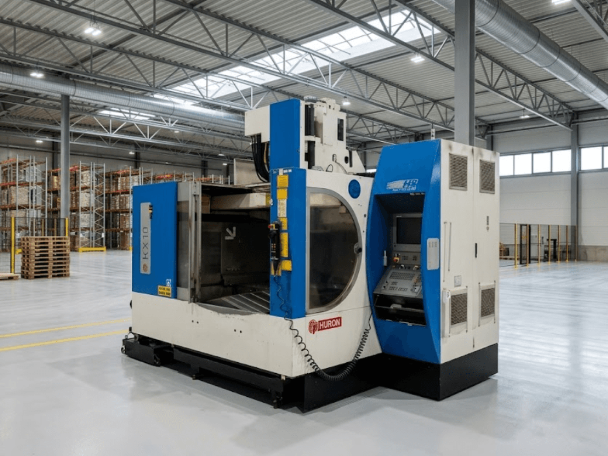 Huron KX 10 verticaal bewerkingscentrum in een magazijn, zijaanzicht met het bedieningspaneel en de open werkruimte.