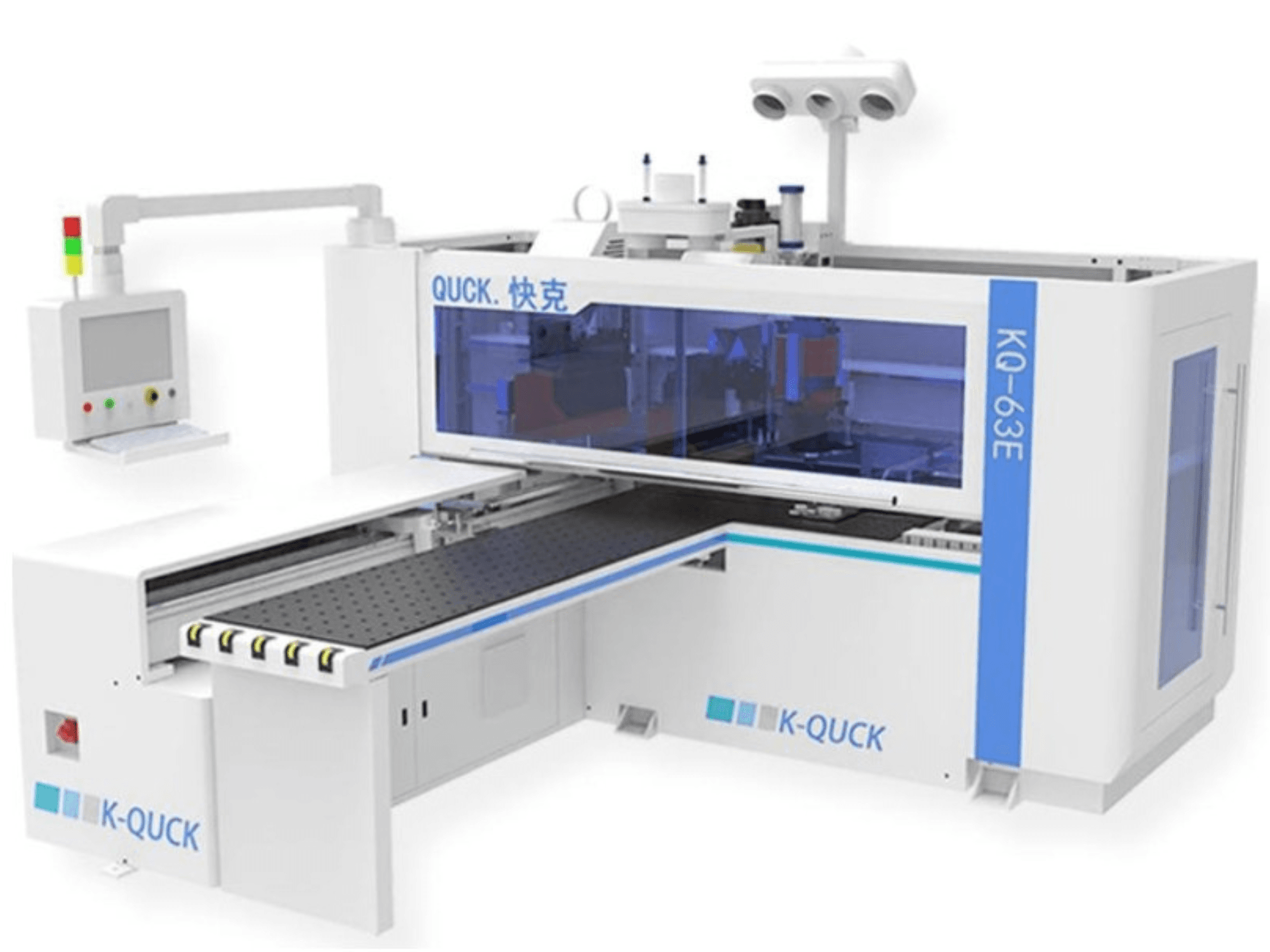 K-QUICK KQ-63E machine, vooraanzicht, met bedieningspaneel, transparante behuizing en een vlakke transportband met meerdere rollen.