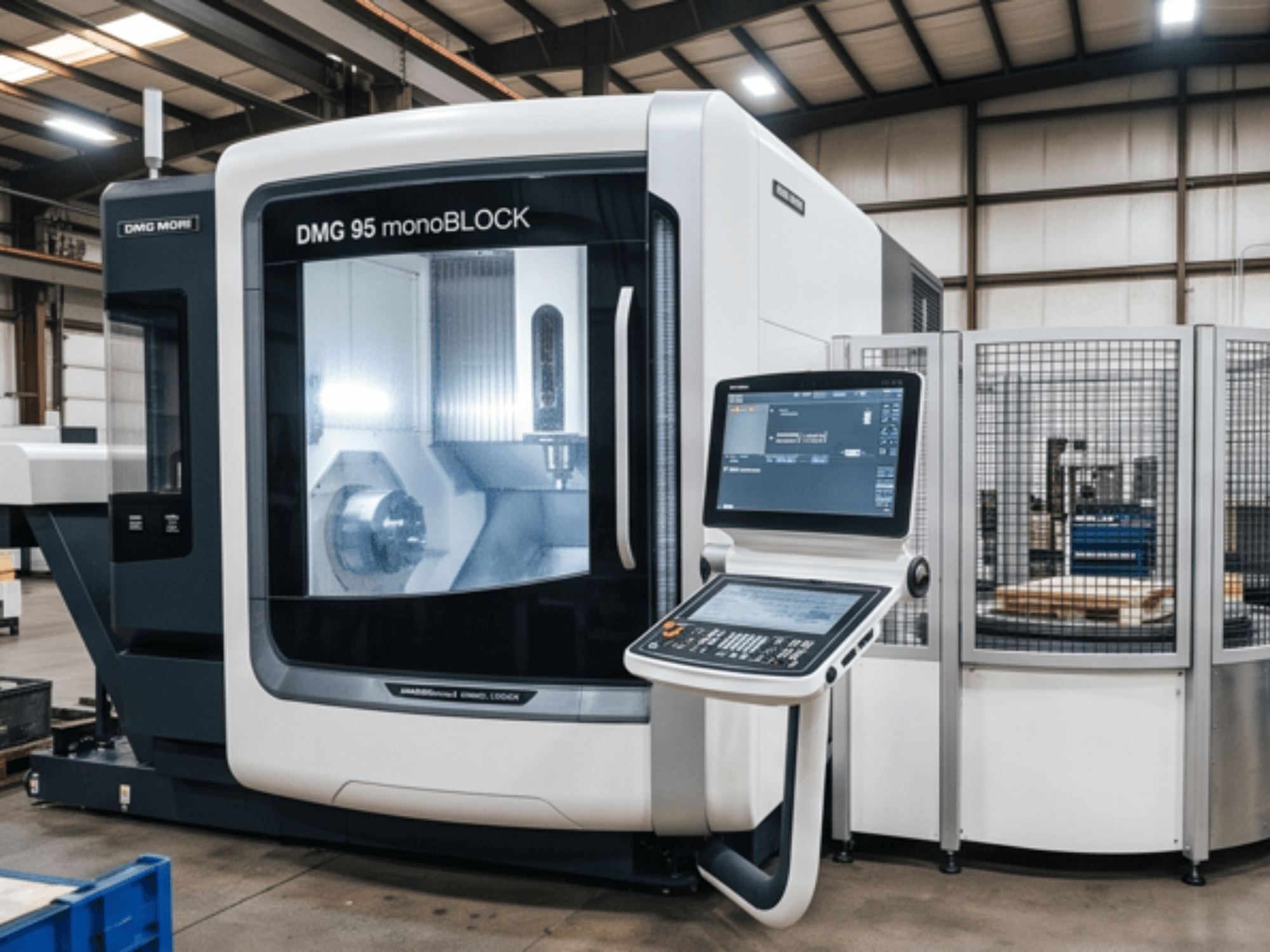 DMG MORI DMC 95 monoBLOCK verticaal bewerkingscentrum, vooraanzicht, met bedieningspaneel en veiligheidsomhulling.