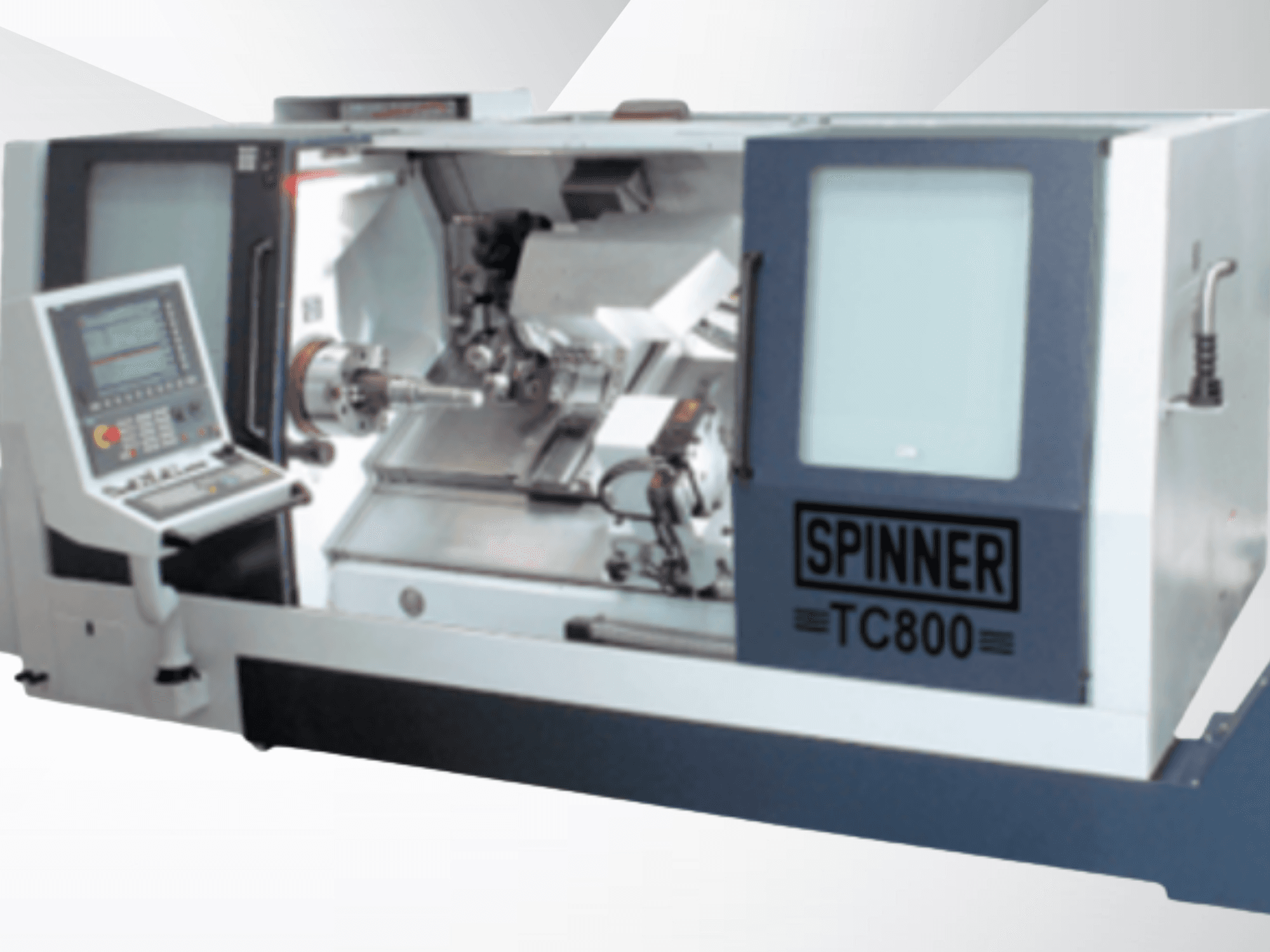 SPINNER TC800 110MCY draai-freescentrum, vooraanzicht met het bedieningspaneel en het binnenwerk van de machine, inclusief spil en snijgereedschap.