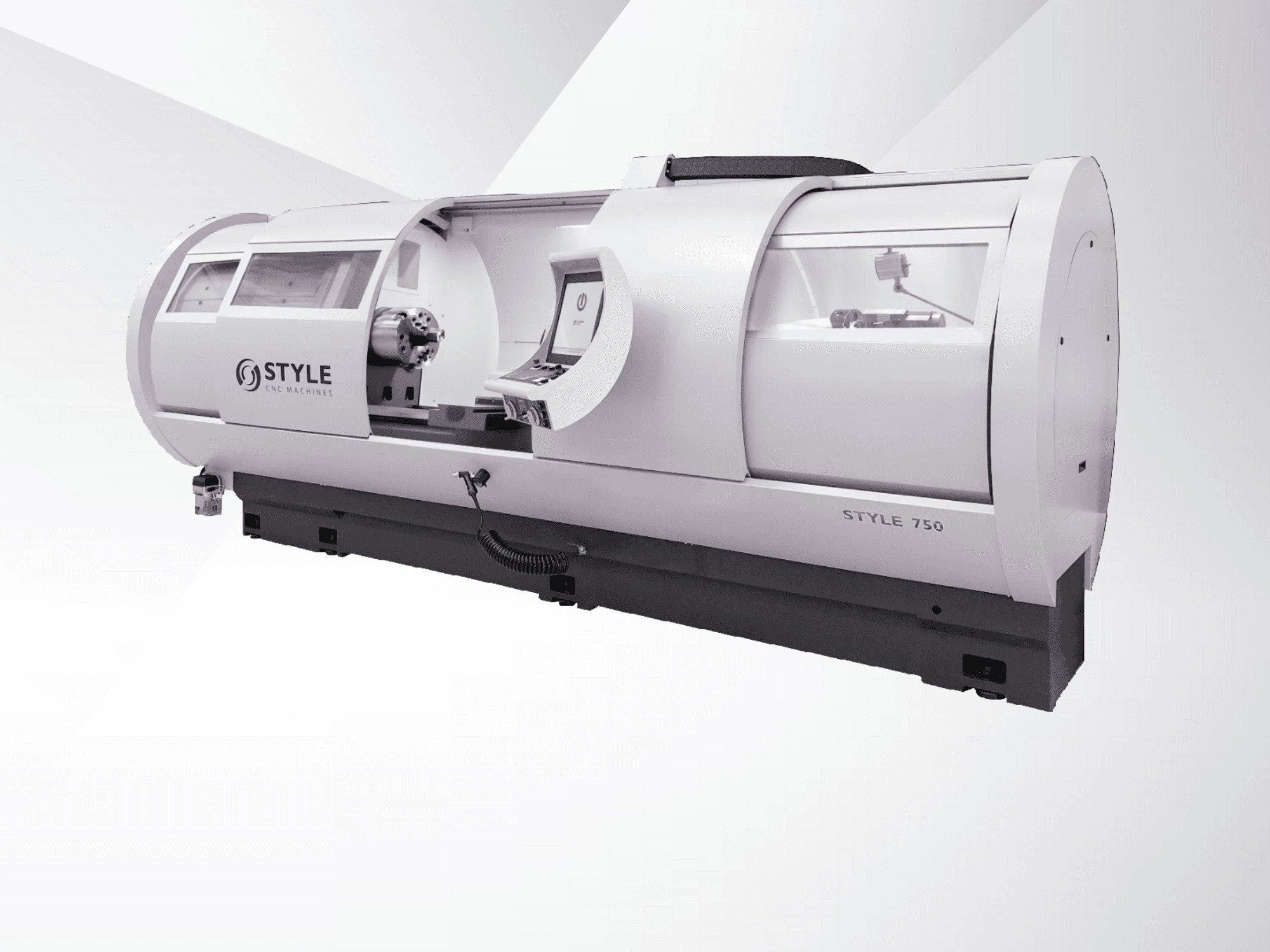 STYLE 750 CNC draaibank, vooraanzicht, met groot venster, bedieningspaneel en precisiemechaniek voor geavanceerde bewerkingen.