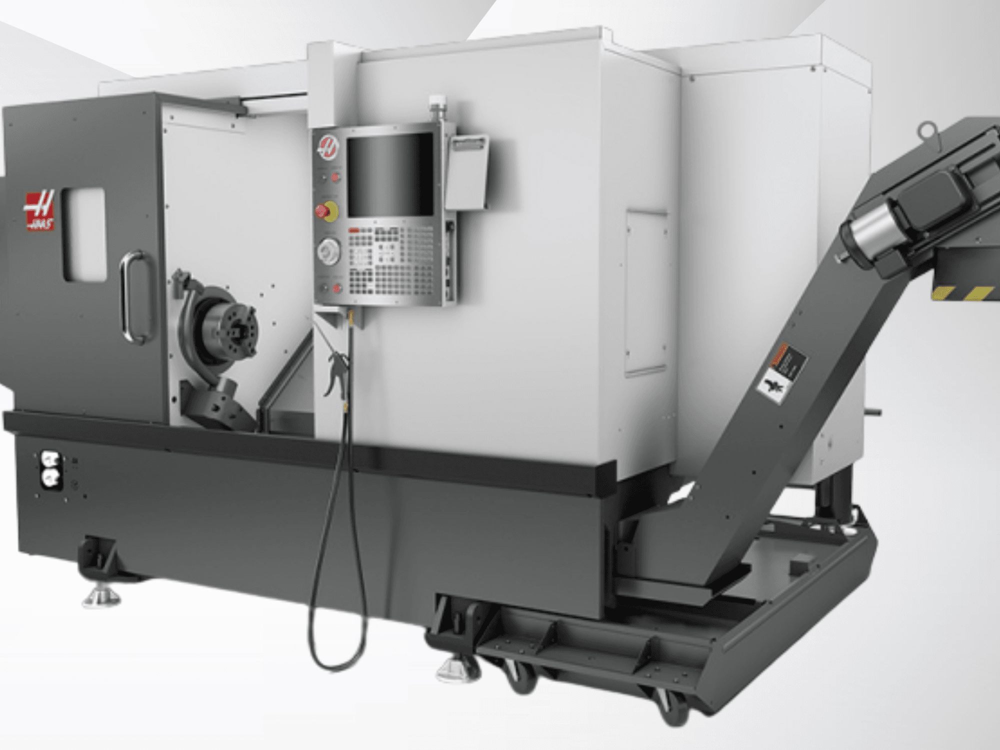 Haas ST-20 horizontale draaimachine; vooraanzicht met het bedieningspaneel, de spil en de opbouw van de spanenafvoer.