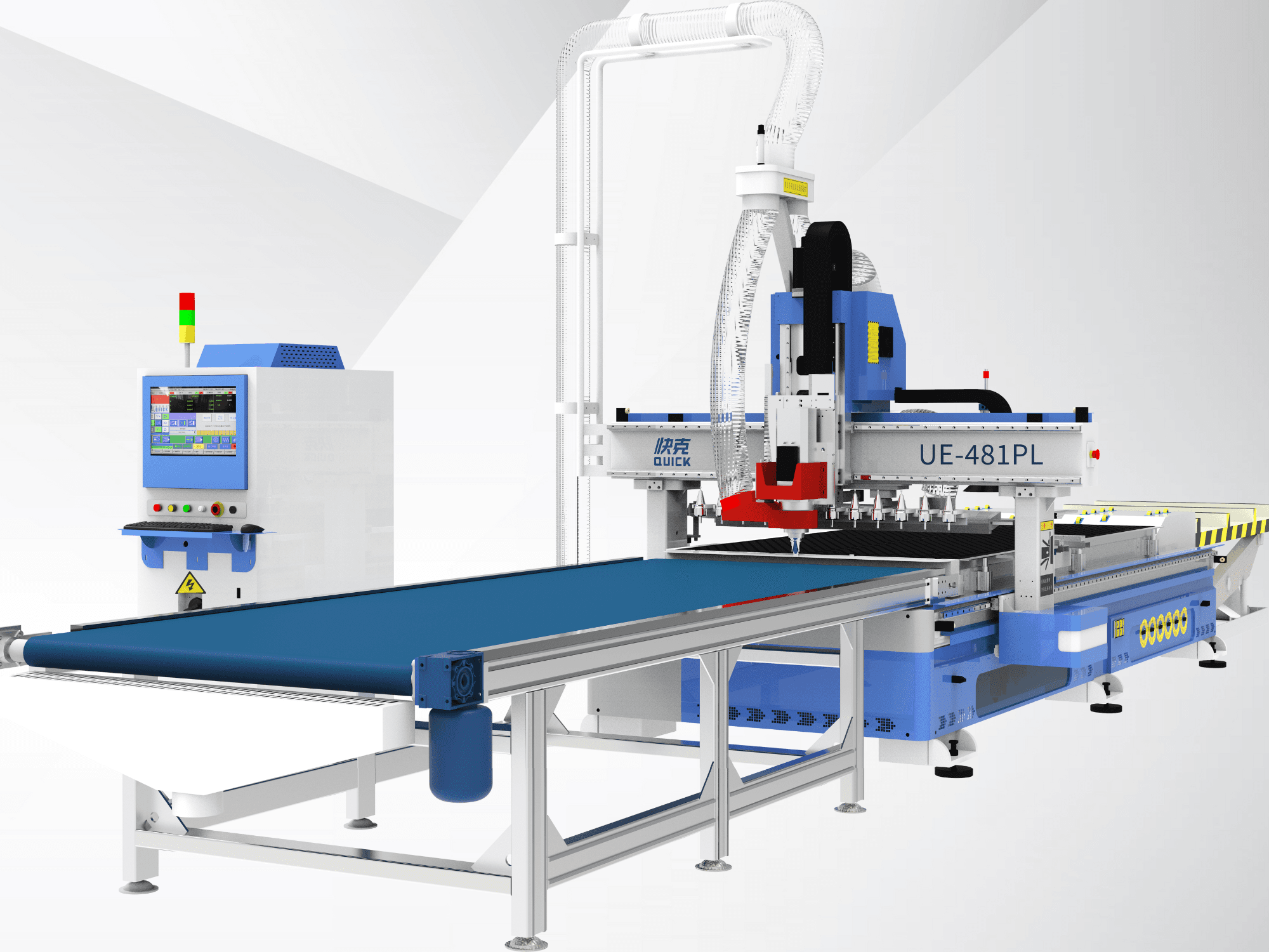 Blue Quick UE-481PL CNC machine met touch screen bediening, vooraanzicht, met een transportband en meerdere snijkoppen.