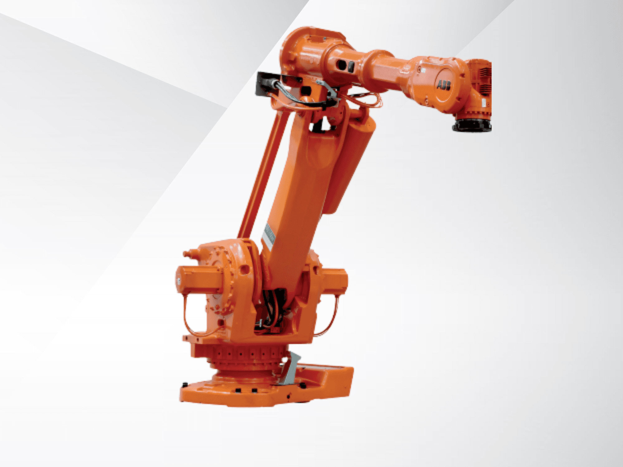 ABB IRB 6650S-90/3.9-robotarm in oranje, zijaanzicht, met weergave van de gewrichten en het onderstel voor industriële automatisering.