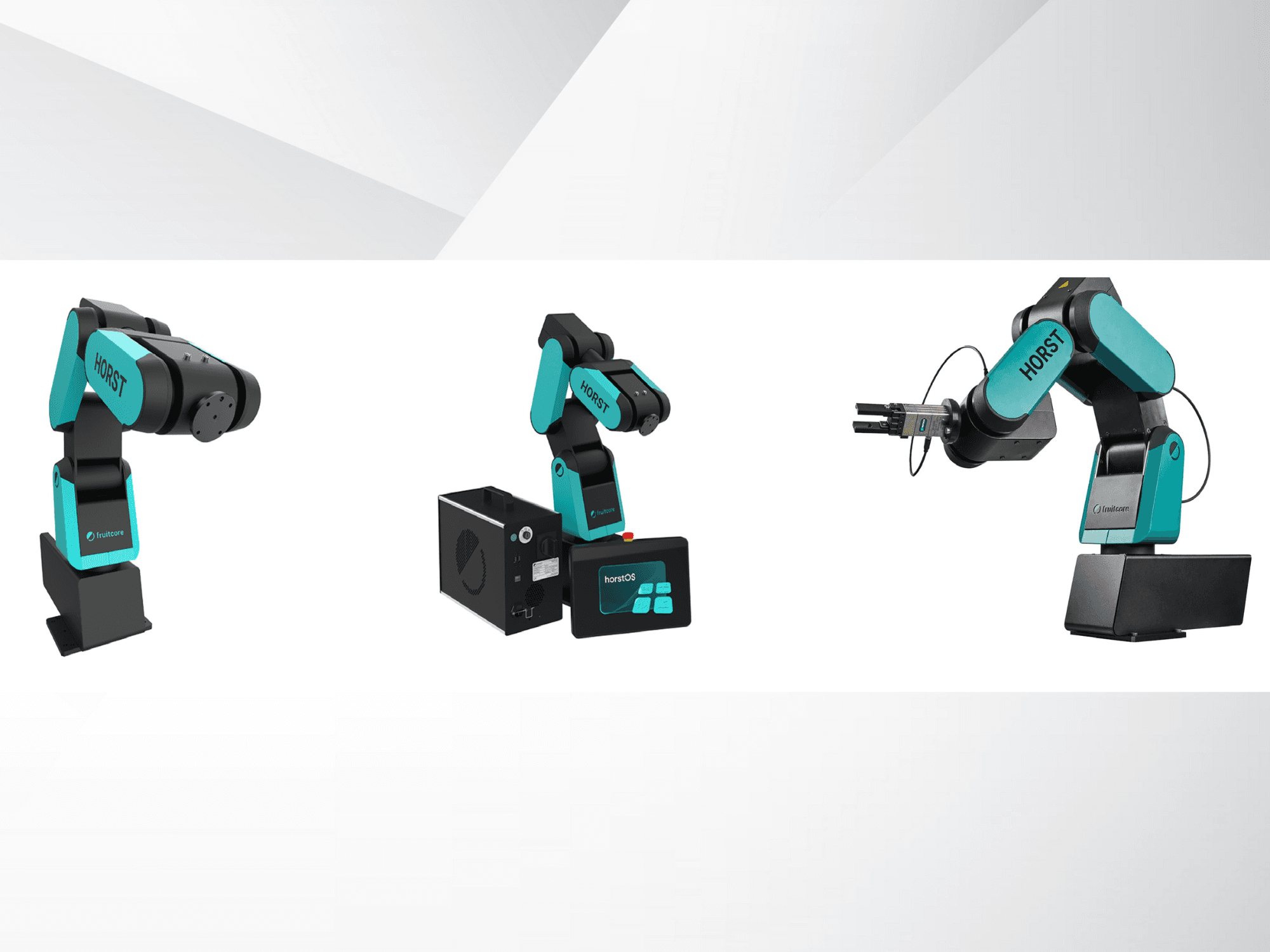 Drie afbeeldingen van de robotarm Horst van Fruitcore, met de nadruk op het zwarte en groenblauwe ontwerp, het bedieningspaneel en de grijperbevestiging.