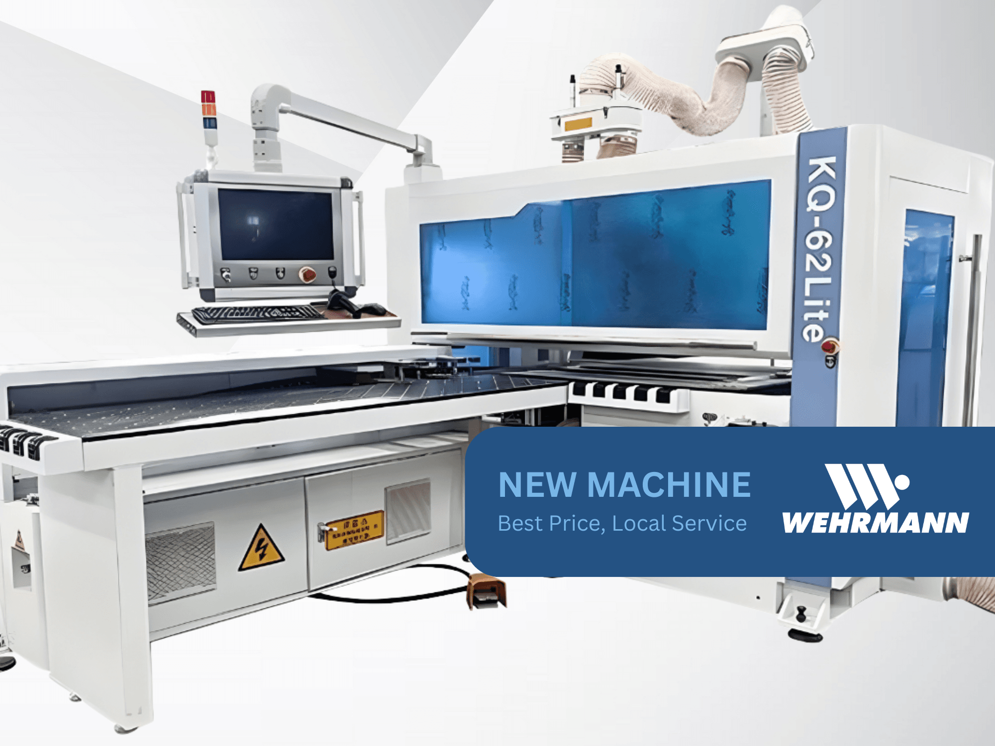 Wehrmann KQ-62Lite CNC machine, vooraanzicht, met digitaal display, bedieningspaneel en transportband met veiligheidswaarschuwingen.