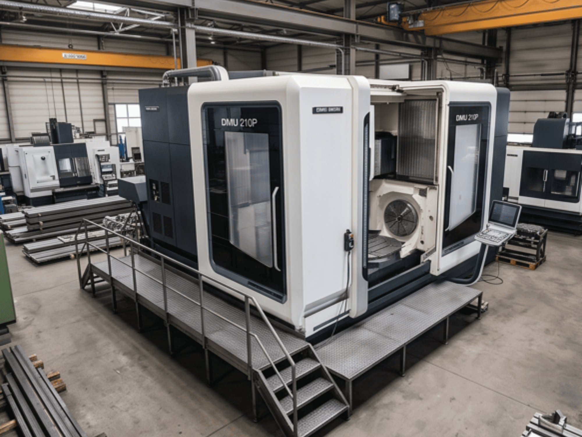 DMG MORI DMU 210P universeel bewerkingscentrum in een werkplaats, zijaanzicht met bedieningspaneel en toegangsplatform.